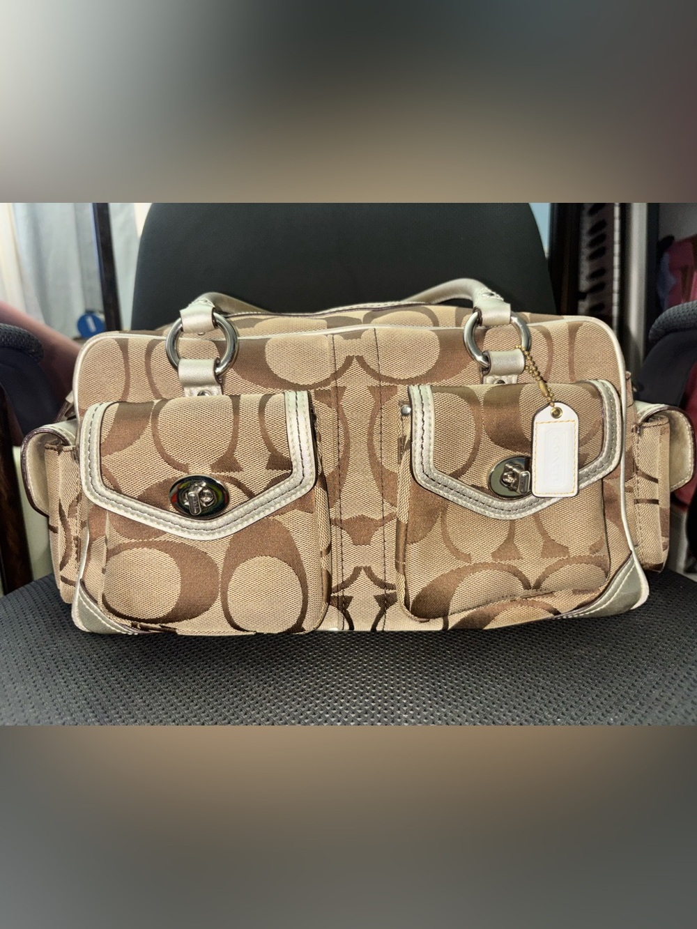 VTG Coach Beige Signature Satchel with Metallic + Gold Wallet - Picture 2 of 16